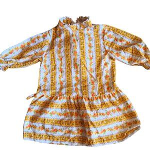 Girls 5 Vintage 1970s Hippie Dress Sears Boho Long Sleeves & Lace Trim Floral